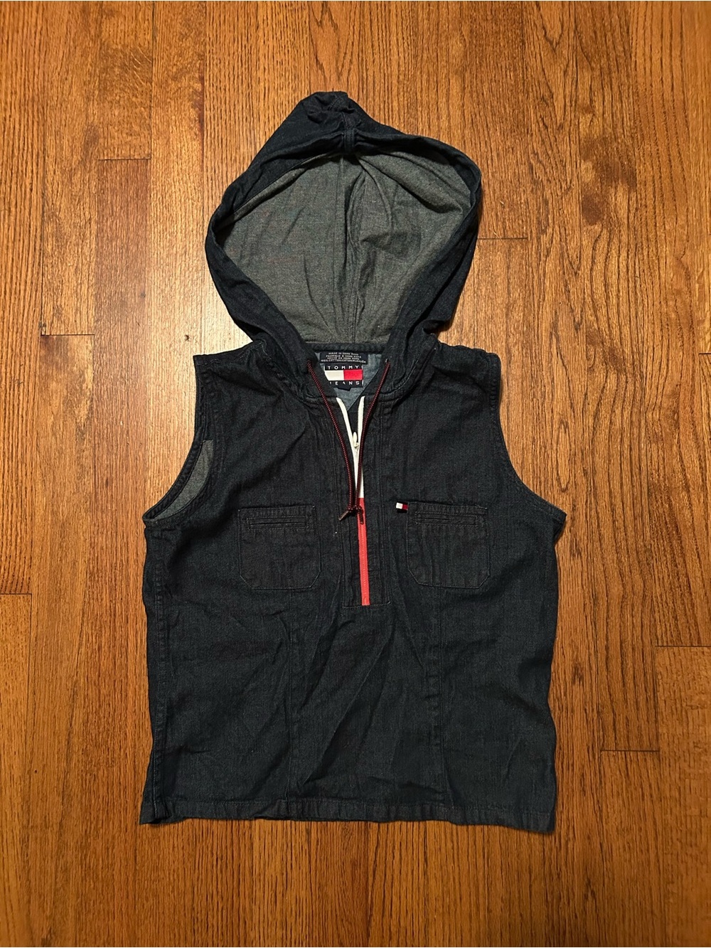 Y2K Tommy Girl Navy Hooded Sleeveless Zip Tank with Red Trim